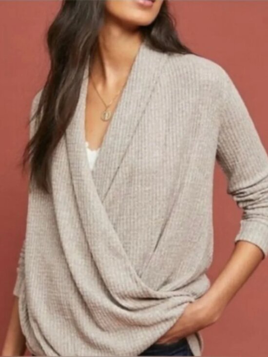 Anthropologie Sweaters - Anthropologie Ribbed Wrap Sweater-S-Mocha Brown Surplice V-Neck Slouchy Knit Top